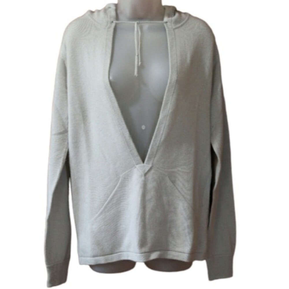 The Breed Gray Cashmere Deep V Sweater Hood Pockets Medium Luxury Layering Knit